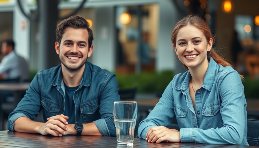 Casual outdoor scene of two people smiling at a table.