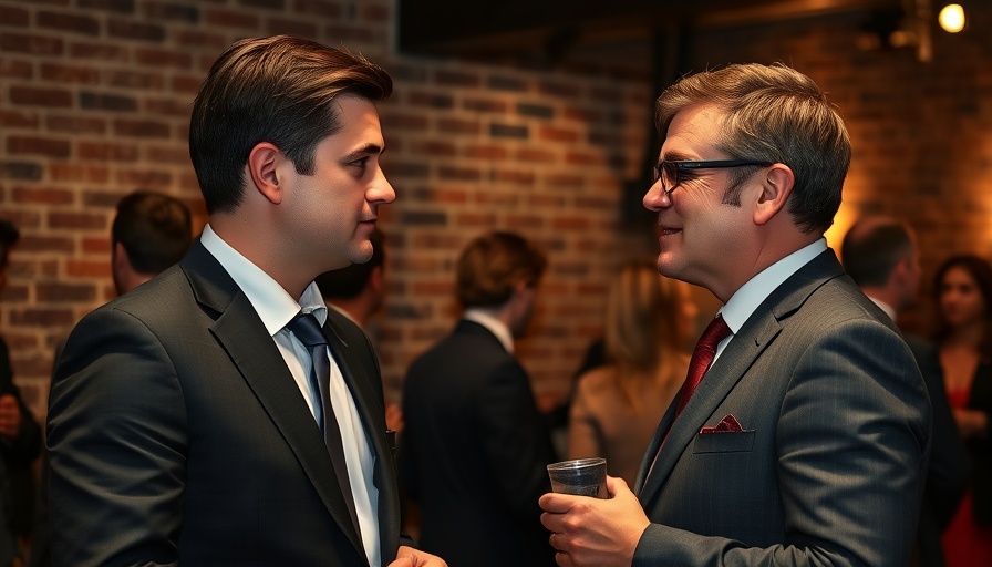 Two people at event with brick wall backdrop, formal attire.