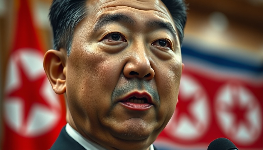 Close-up of a man with solemn expression, North Korean flag behind.