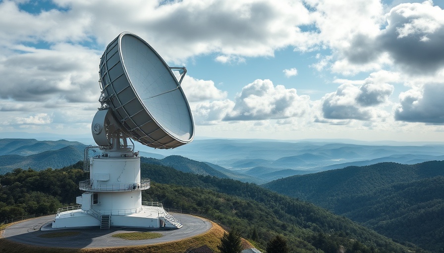 Radio telescope capturing powerful outer space radio waves under a dynamic sky.