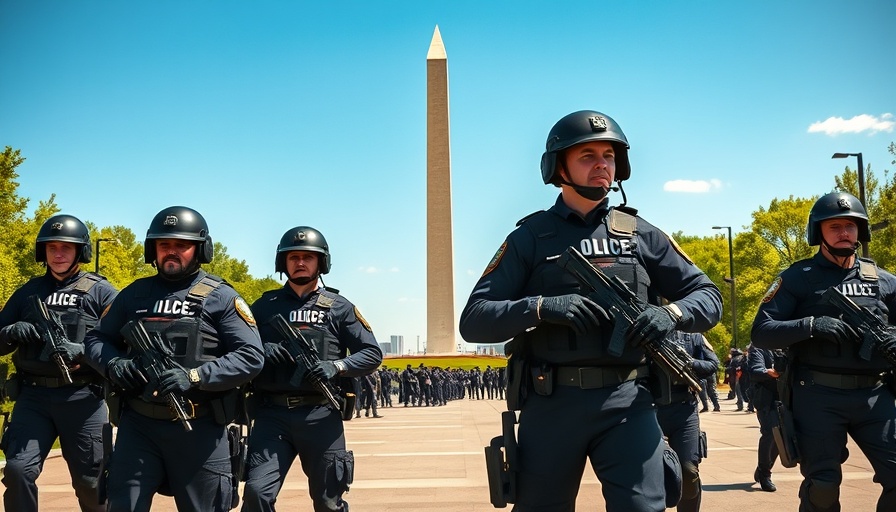 Law enforcement officers in tactical gear by the Washington Monument, trending news in USA.