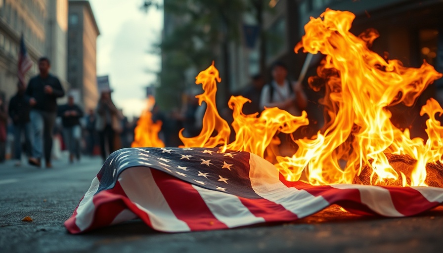 Burning American flag on the street during protest, depicting controversy related to prosecuting flag burners.