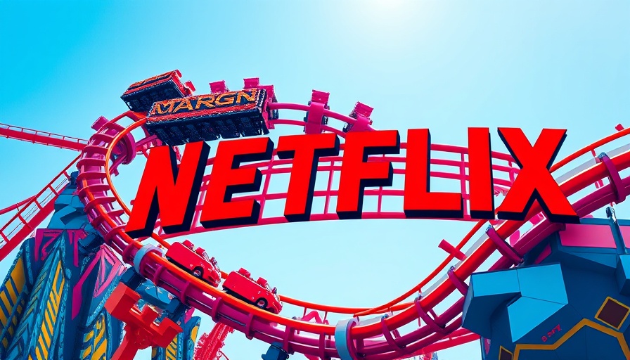 Stylized Netflix roller coaster in bright theme park, clear sky.