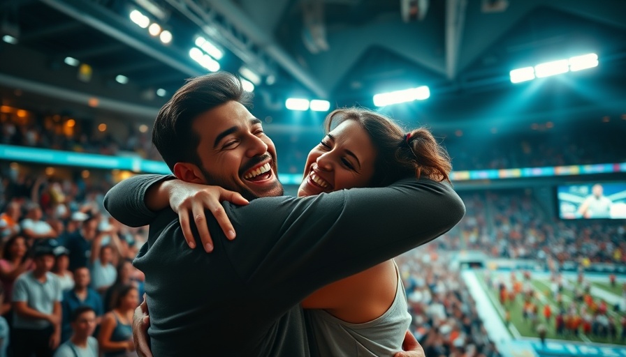 Emotional hug in stadium amidst engagement reactions.