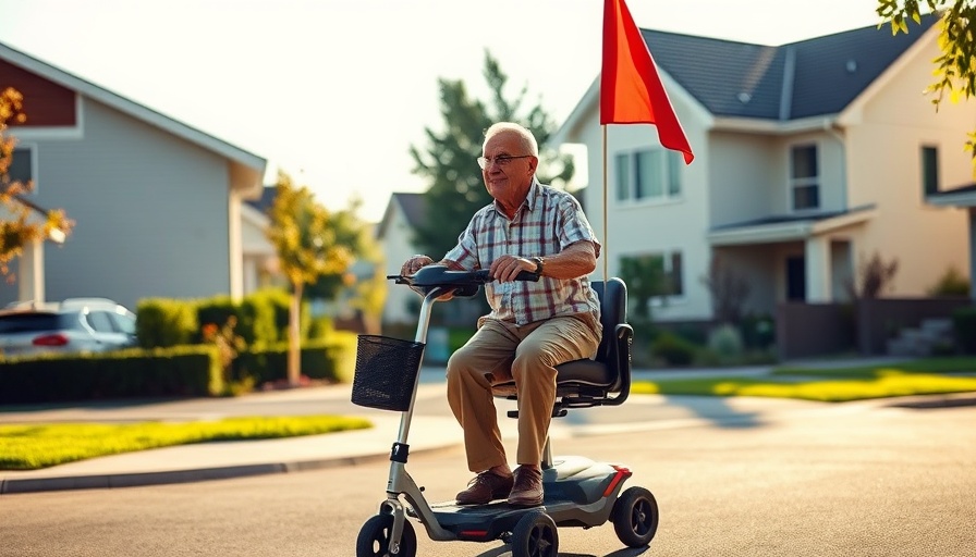 Older adult on scooter with flag in a suburb, warm lighting.