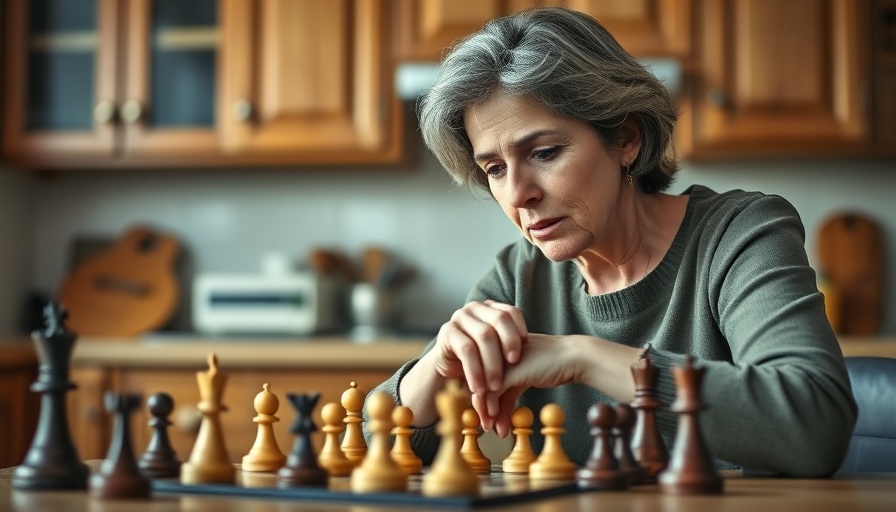 Middle-aged woman playing chess, focuses on strategy in kitchen.