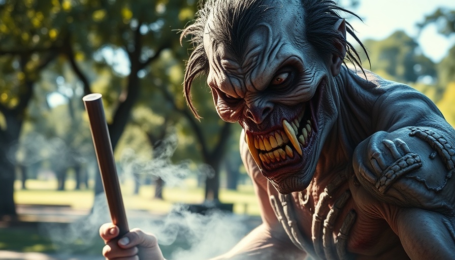 The Toxic Avenger character in a smoky outdoor setting.