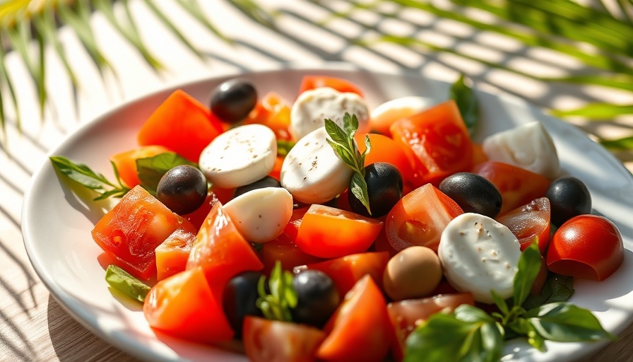 Low-calorie Mediterranean salad with tomatoes and olives in sunlight.