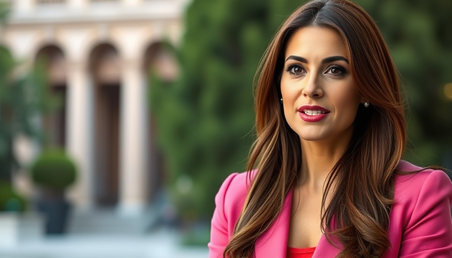 Professional woman in pink blazer speaking on camera outdoors