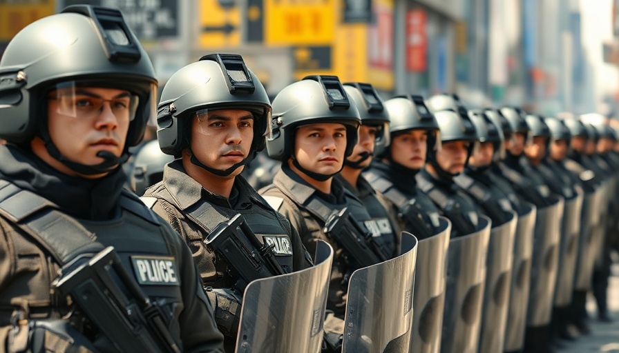 Riot gear personnel in formation, military and police presence, natural light.