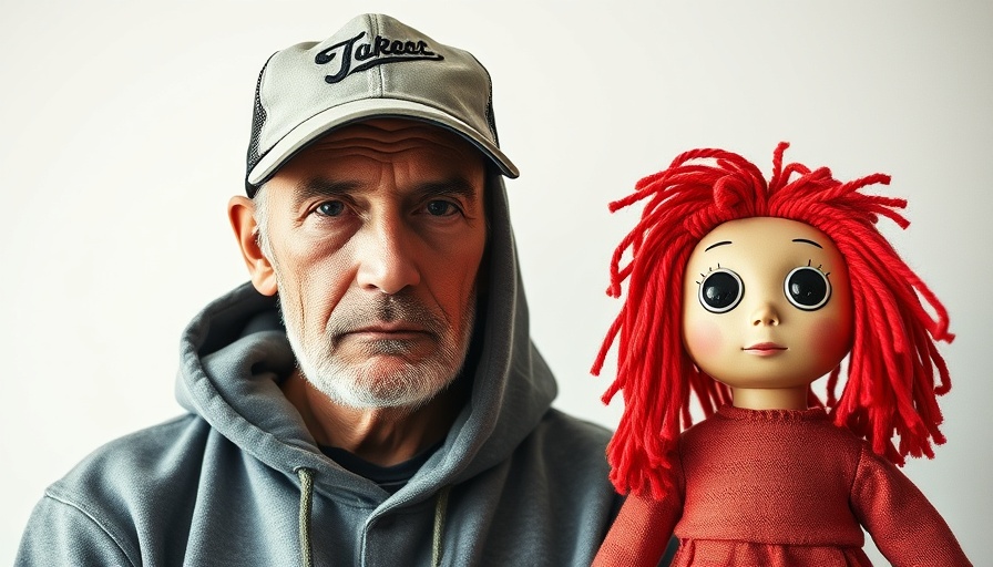 Serious man and vintage doll side by side, contrasting styles.
