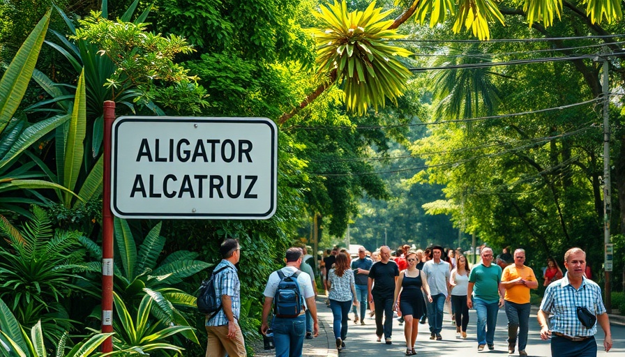 Alligator Alcatraz sign surrounded by greenery and people.