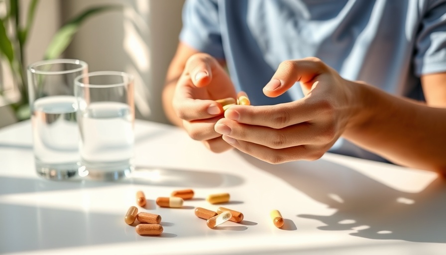Person with supplements by a glass of water, highlighting potassium supplements and heart failure risk.