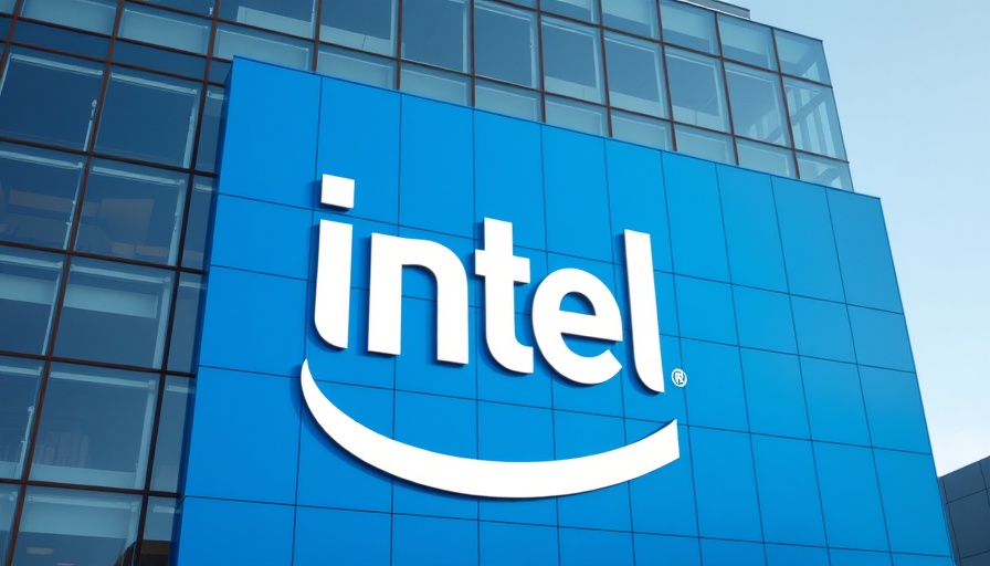 Large Intel logo on corporate building facade reflecting blue sky