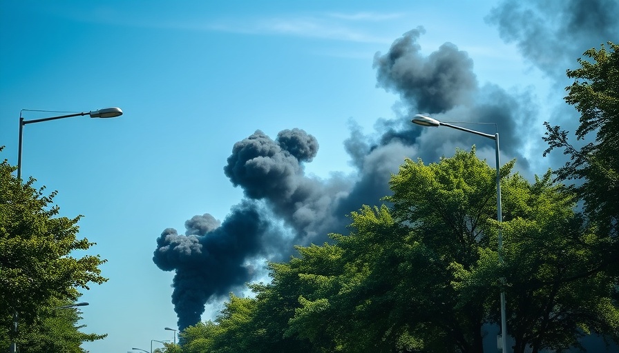 Dense smoke billowing over green trees in an urban area.