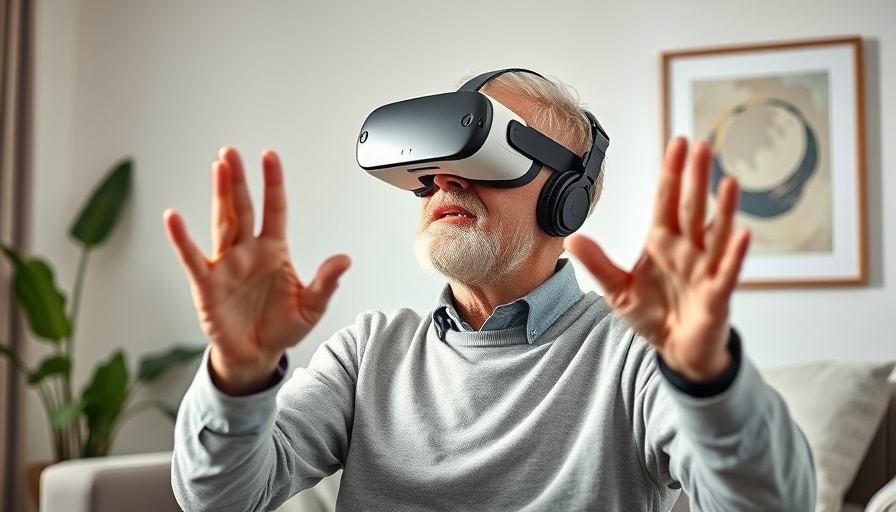 Older man enjoying exercise video games with VR headset.