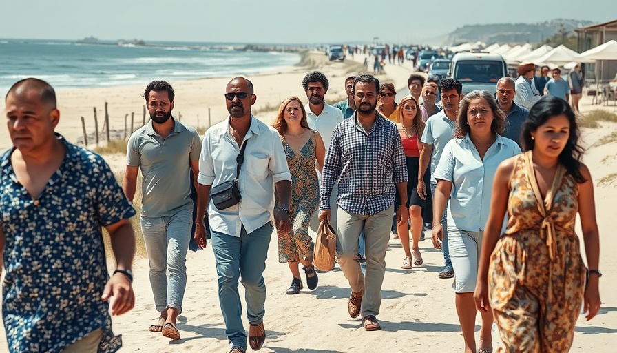 Crowd of people moving with belongings along a coastal path amid unrest