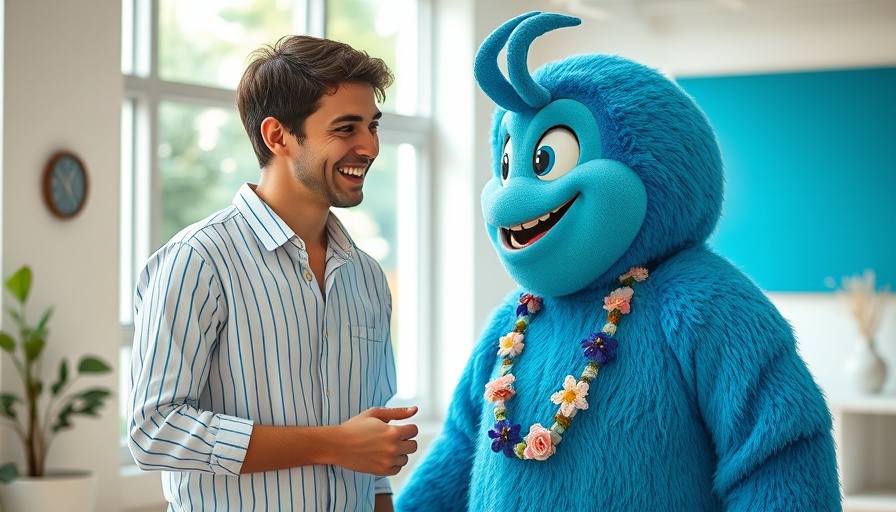 Casually dressed individual interacts with costumed character in bright setting.