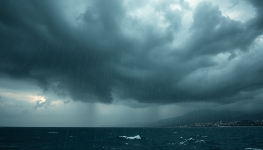 Dramatic tropical storm Gabrielle approaching coastal town.