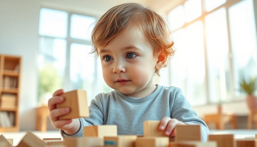 Young child exploring with wooden blocks, indoor sunlight, autism and human evolution.