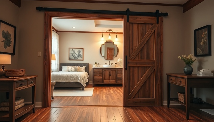 Rustic barn door for bathroom in cozy bedroom setting.