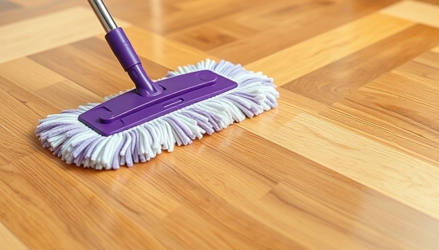 Purple mop cleaning engineered hardwood floors, leaving a shiny finish.