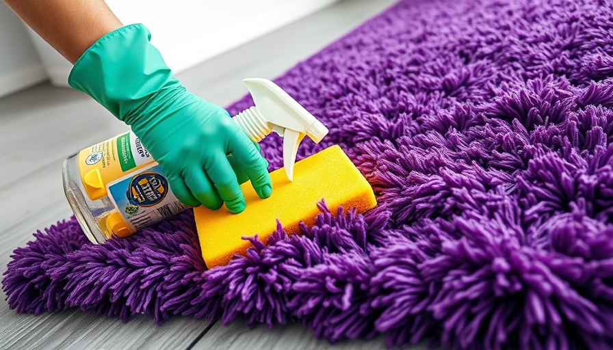 Cleaning a purple polyester rug with spray and sponge