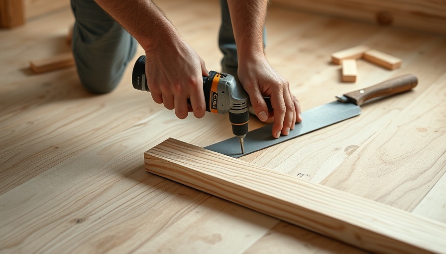 Building a wooden shower curb on a plywood floor with tools.