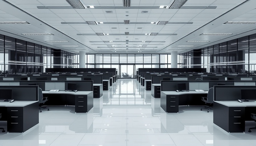 Modern minimalist office interior with sleek cubicles and soft lighting.