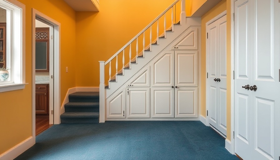 Under-stairway storage with built-in cabinets in cozy interior.