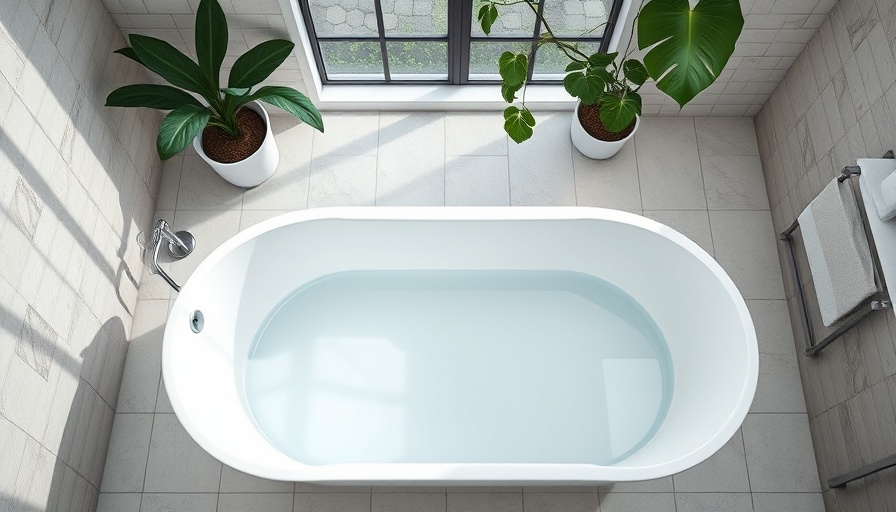 Modern white bathtub top view in stylish bathroom.