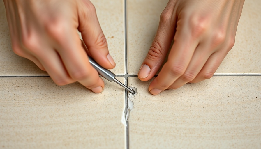 Hands removing grout from tile, close-up with tool.