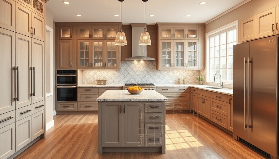 Modern kitchen remodel transitioning from blueprint to real design.