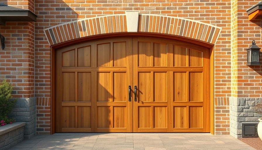 Closed brown wooden garage door on a brick house.
