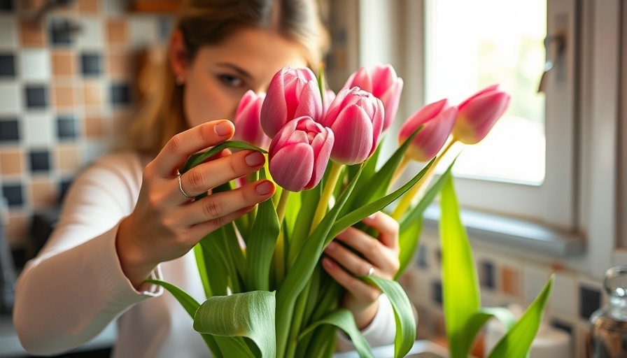 Trimming pink tulips for spring flowers in kitchen.