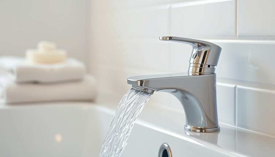 Modern bathroom faucet flowing into tub with towel and soap.