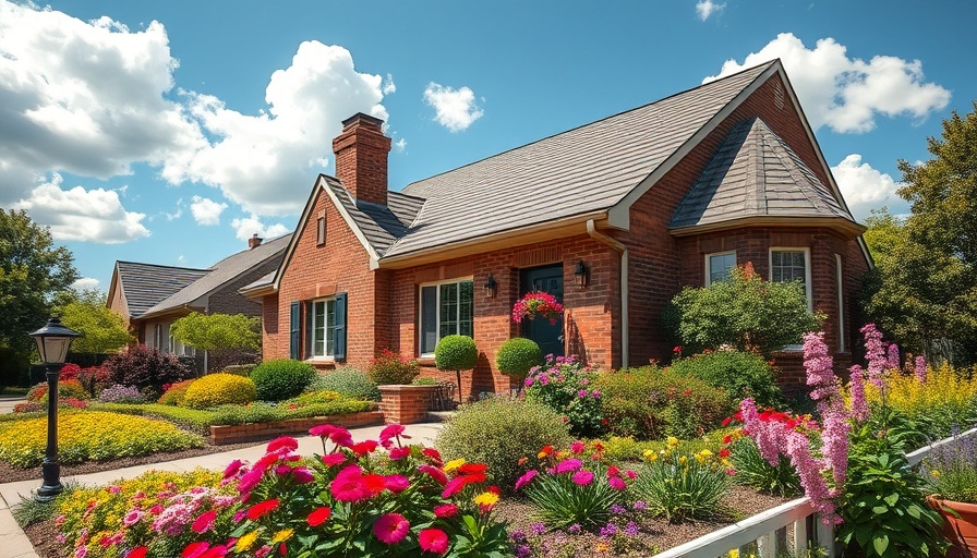Charming house with perennial flowers and plants in garden