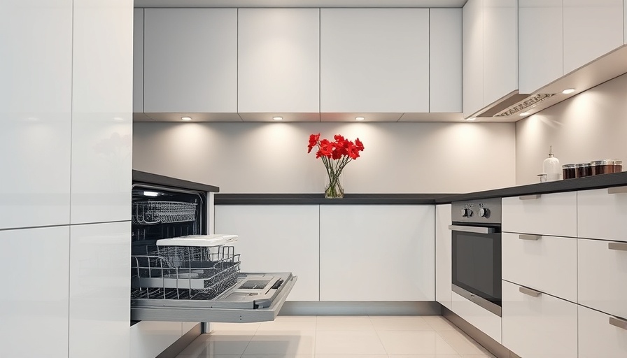 Open dishwasher in modern kitchen with bright lighting