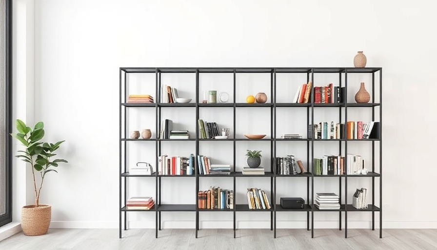 Modern room with sleek black metal shelving, books, and decor.