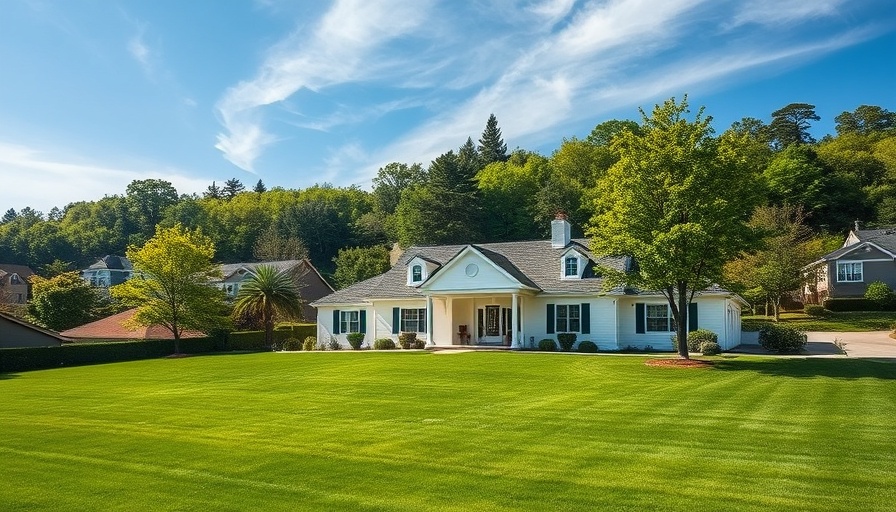Scenic suburban home with grey roof among lush greenery.