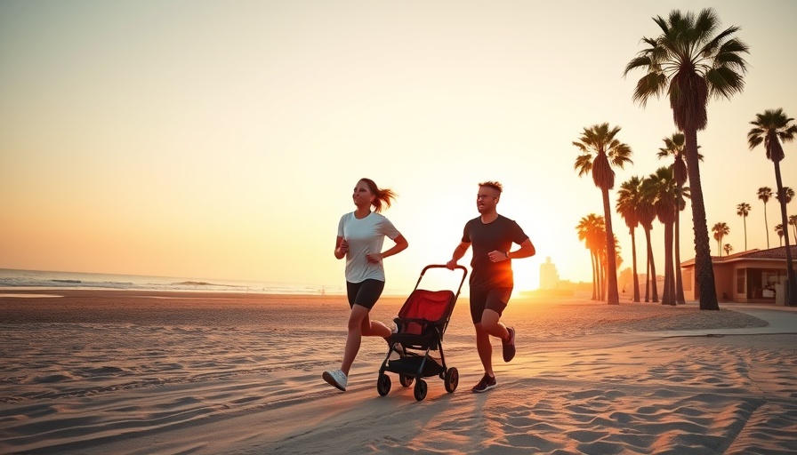 Couple jogging with stroller on Long Beach during sunset.
