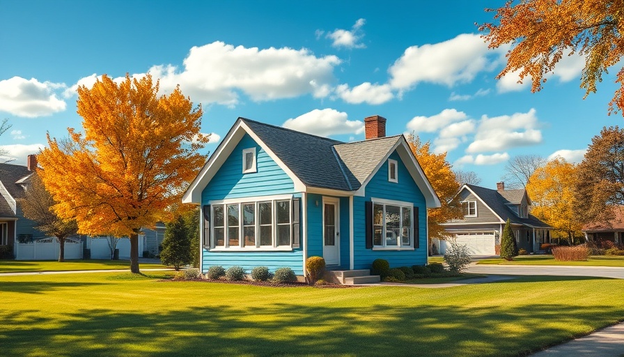 Charming blue house in suburb with autumn trees; foundation inspection before buying a house.
