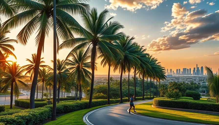 Urban scene with palm trees and city skyline at sunrise, best cities for weather in the U.S.