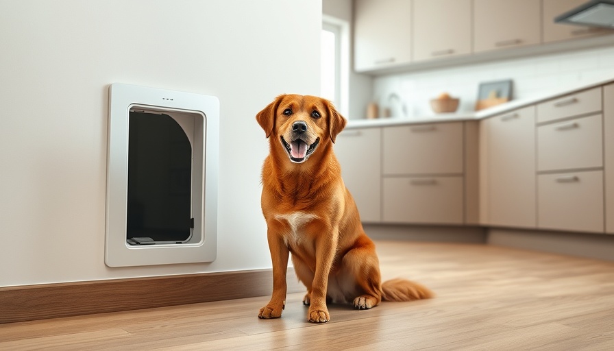 Smart pet door with a brown dog in a modern kitchen setting.