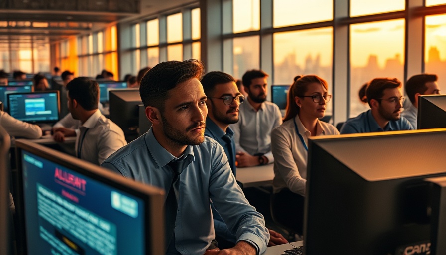 Employees in an office reacting to cyber alerts on screens, fine-tuned LLMs as new cyber threats.