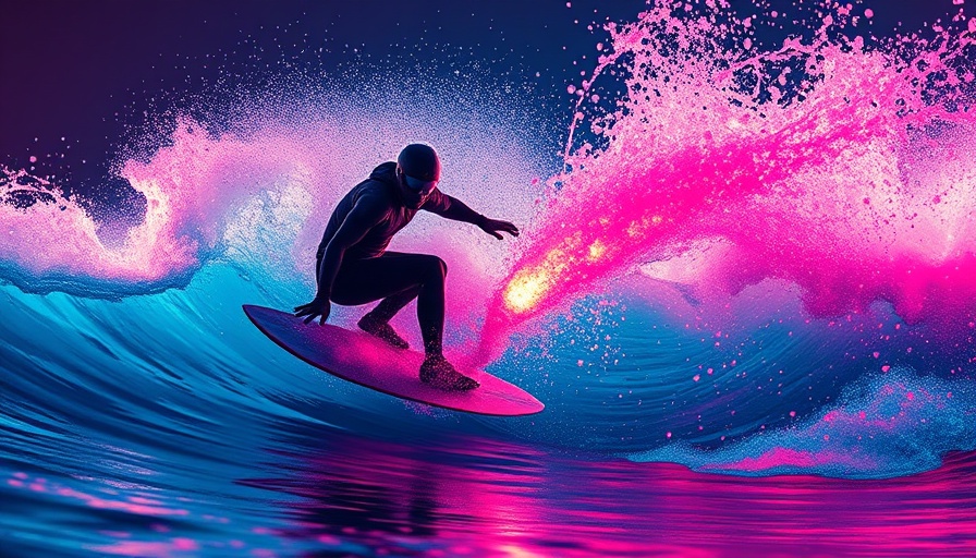 Futuristic surfer on digital wave representing AI tools in development