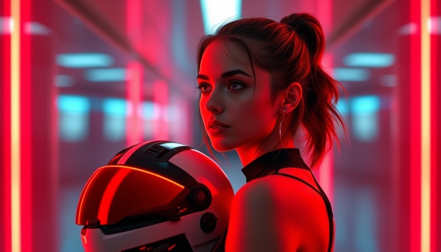 Futuristic scene of a woman with helmet showcasing neon aesthetics.