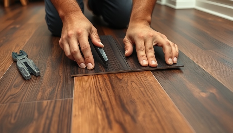 Hands repairing dark brown laminate flooring indoors.