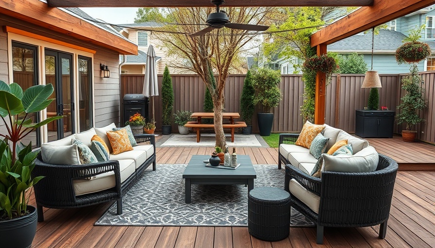 Modern patio decor ideas with cozy furniture and lush greenery.