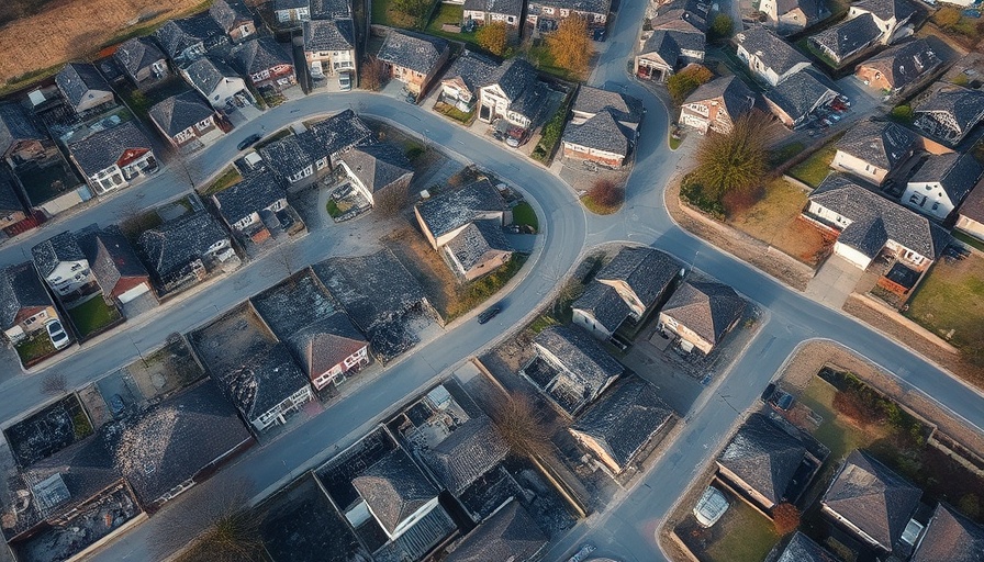 Aerial view of L.A. fires aftermath showing destroyed and intact houses.
